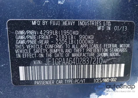 2013 Subaru Impreza 2.0I from USA, damaged, VIN JF1GPAA64D2837210